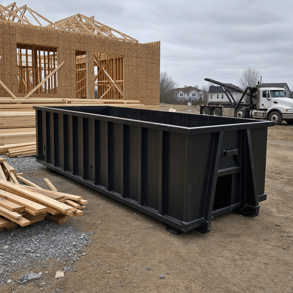 Matte-black 40-yard roll-off dumpster staged on a framed-out residential construction site in Wellington, framing lumber stacked nearby, hooklift delivery truck visible in the background under bright Colorado daylight