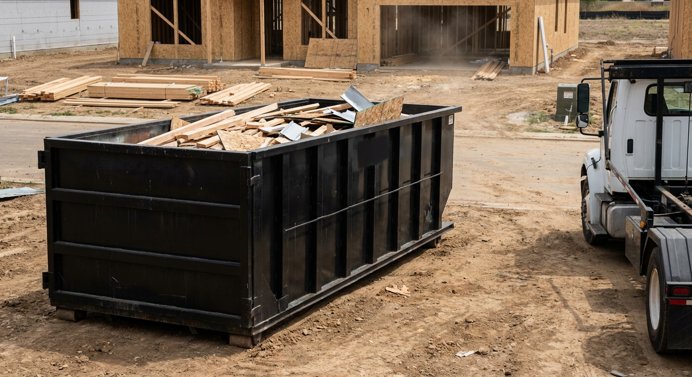 Matte-black 20-yard roll-off construction dumpster with heavy ribbed steel sidewalls and swing rear doors at a working jobsite in Wellington, sitting directly on compacted dirt with an unmarked white hauler partially visible at the far edge of the frame.
