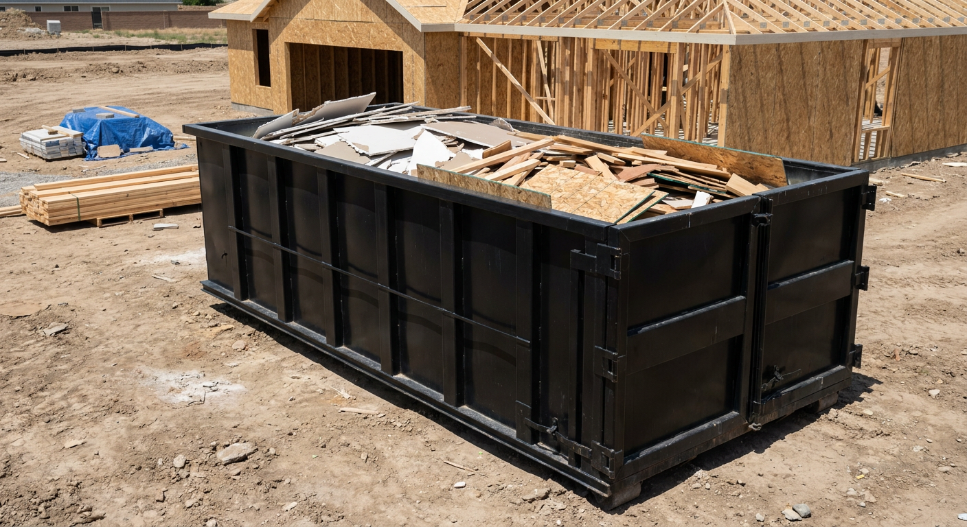 Matte-black 30-yard roll-off construction dumpster sitting directly on the compacted-dirt site of a framed single-family home build in Wellington, drywall and lumber scrap loaded inside.