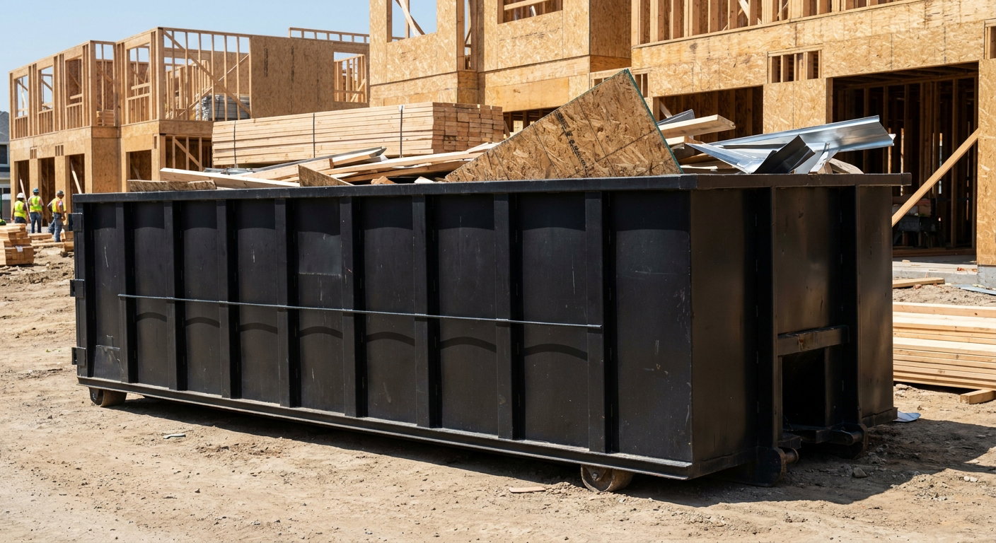 Matte-black 40-yard roll-off construction dumpster being lowered from a white-cab hooklift delivery truck onto the compacted-dirt jobsite at a commercial build site in Wellington
