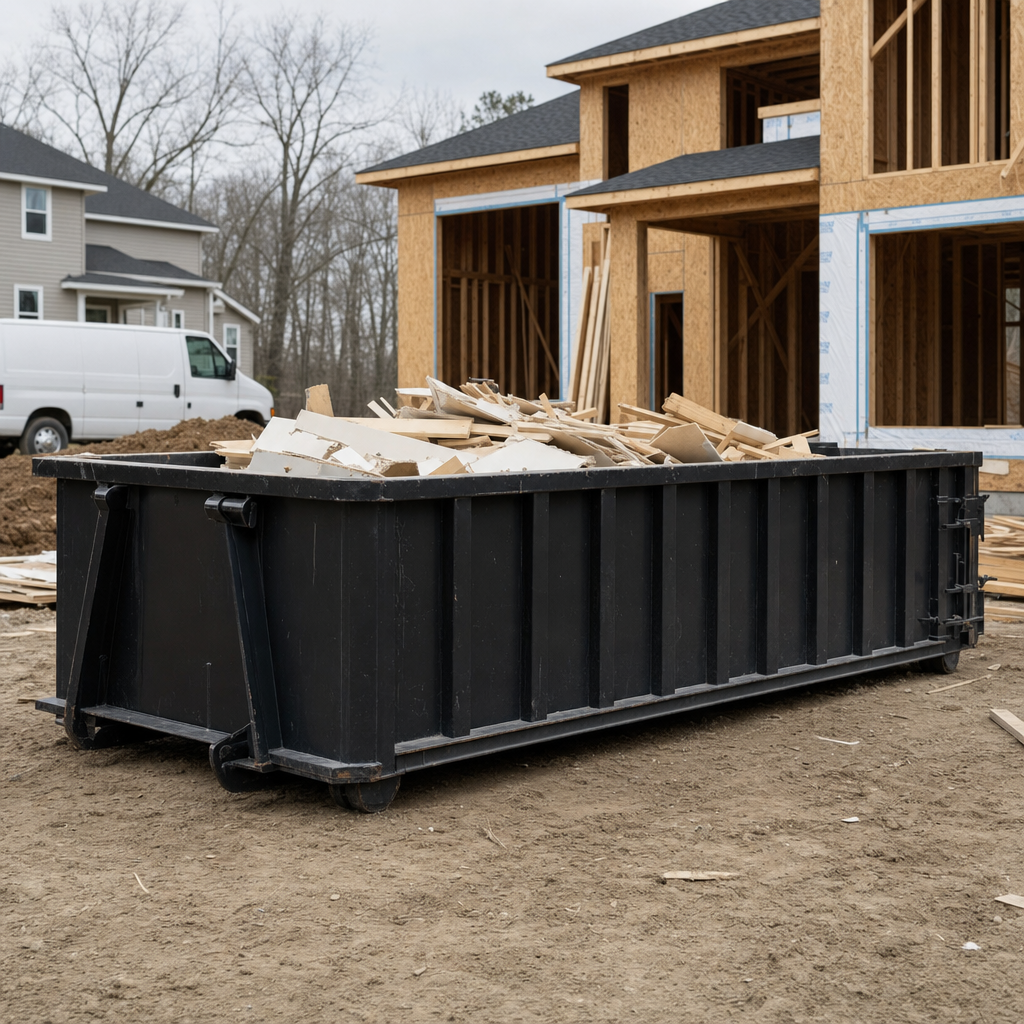 Worker in a yellow high-visibility vest tossing framing lumber and broken drywall into a matte-black 30-yard construction roll-off dumpster on an active build site in Wellington, bright daylight