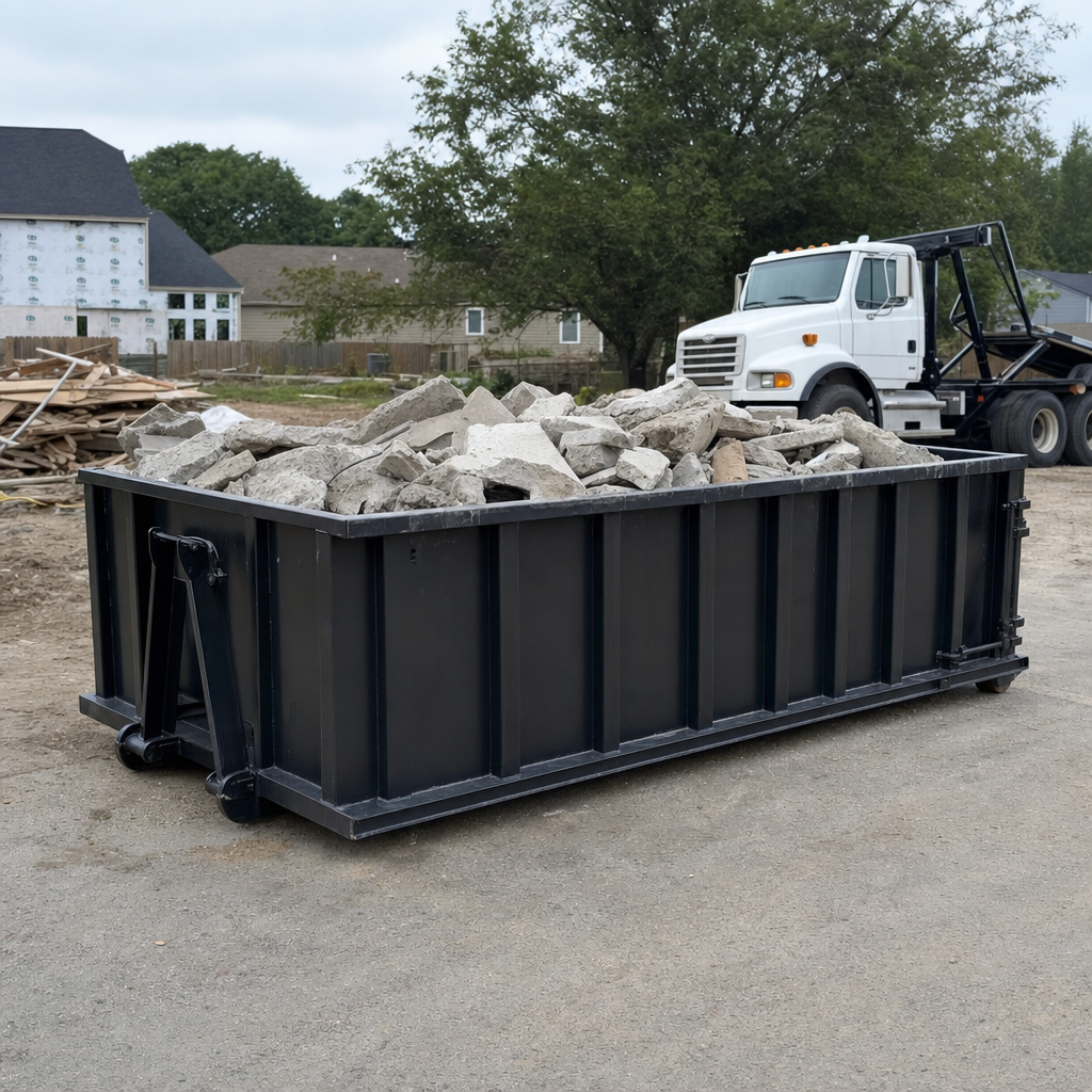 Low-profile matte-black lowboy roll-off dumpster loaded with broken concrete slab and rebar at a foundation tear-out in Wellington, skid steer parked beside it, sunny Colorado morning