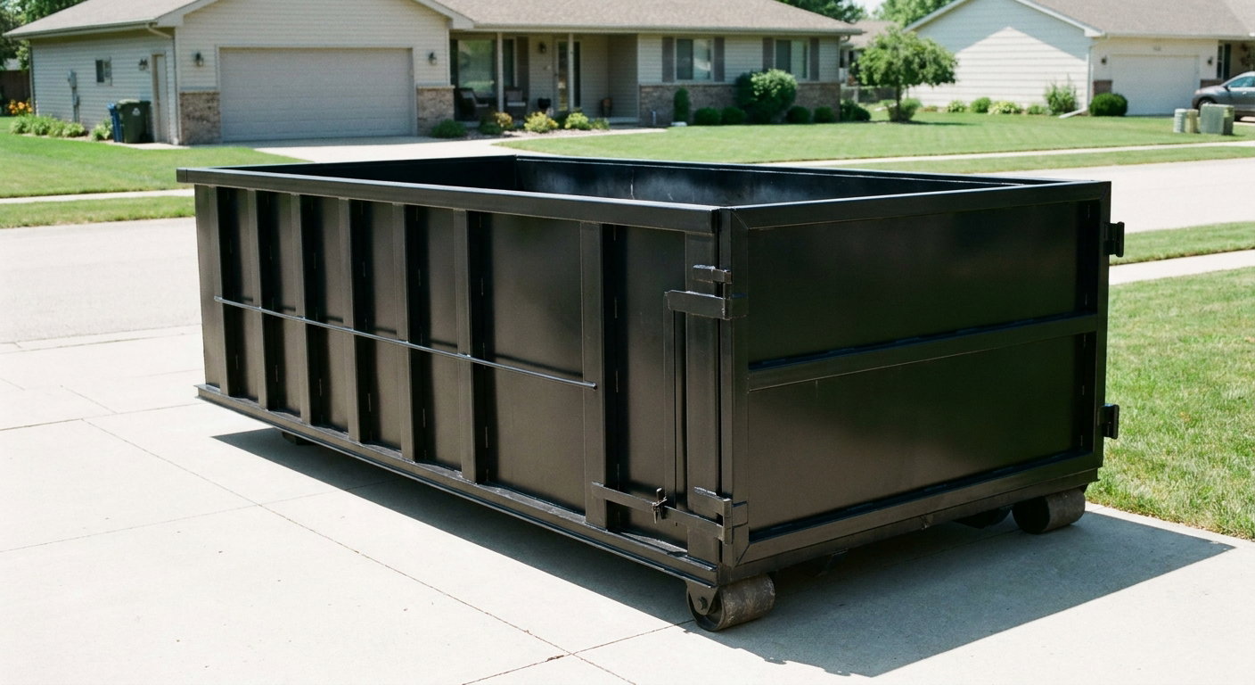 Matte-black 10-yard roll-off dumpster on a residential concrete driveway in Wellington, uniformly painted matte black across every panel and rail, ribbed steel sidewalls and rear swing door visible, mid-day daylight.
