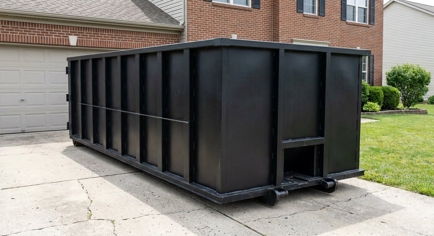 Matte-black 20-yard roll-off container on a Wellington residential concrete driveway with reinforced ribbed steel sidewalls and a hinged rear walk-in door, clean bright daylight.