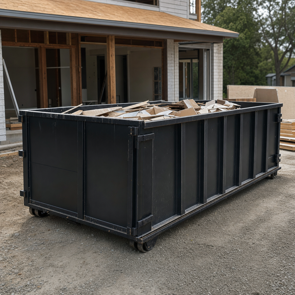 Large matte-black 30-yard construction roll-off dumpster at an active Wellington jobsite, steel-gray top rails and bottom rollers visible, loaded with construction debris.