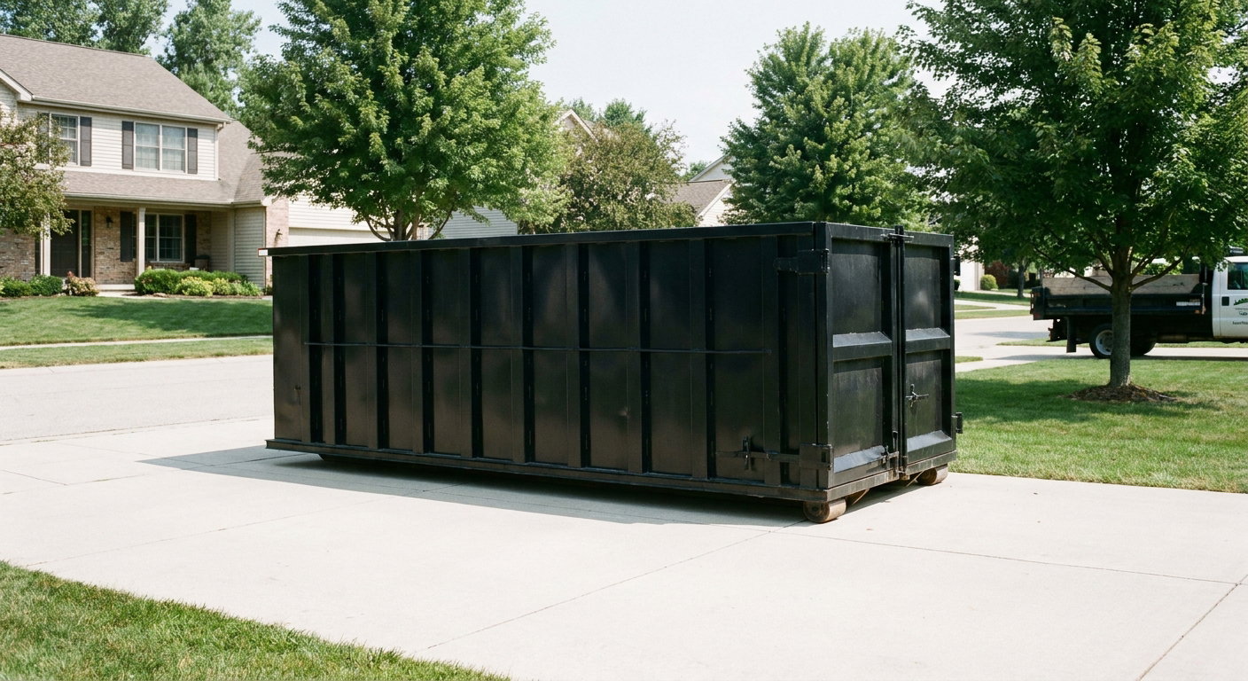 Matte-black 20-yard roll-off dumpster sitting level on a clean Boca Del Mar residential concrete driveway under bright daylight, demonstrating clean placement directly on the concrete.