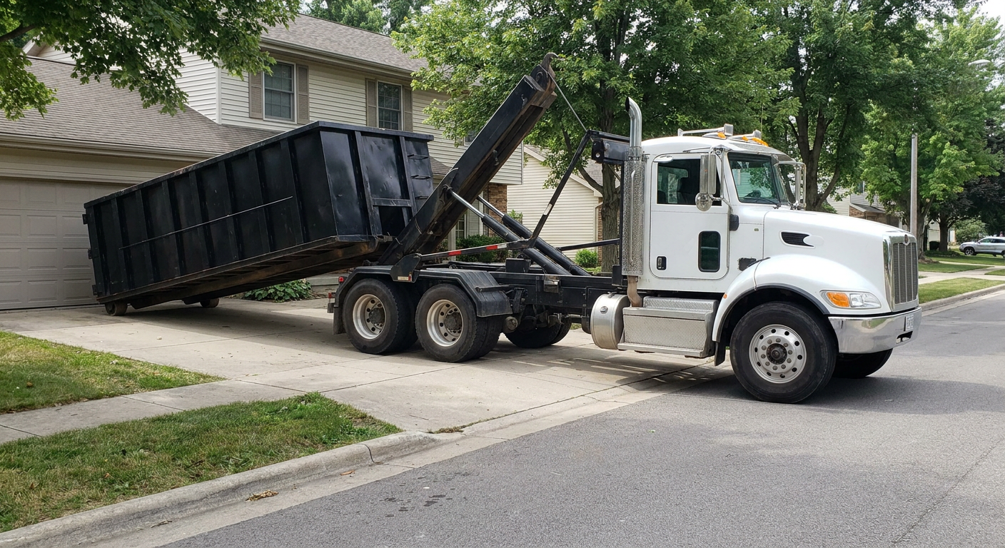 White-cab hooklift roll-off truck actively lowering a matte-black dumpster onto a Boca Del Mar residential concrete driveway, the dumpster's rear wheels touching the driveway as the hoist arm tilts the bed forward, mid-morning daylight.
