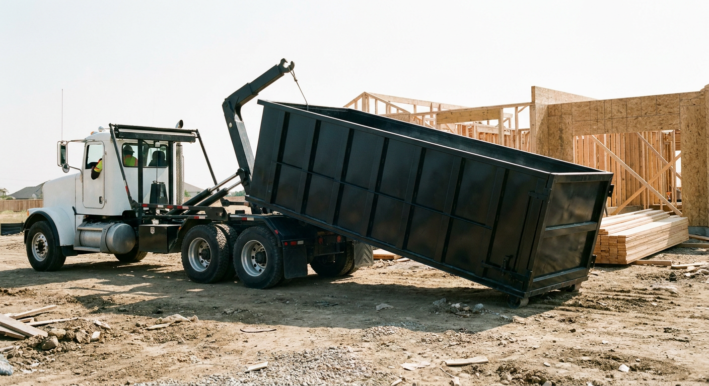 Matte-black roll-off dumpster being delivered onto a clean residential concrete driveway in Wellington by an unmarked white hooklift hauler truck, bright morning daylight, documentary 35mm perspective.