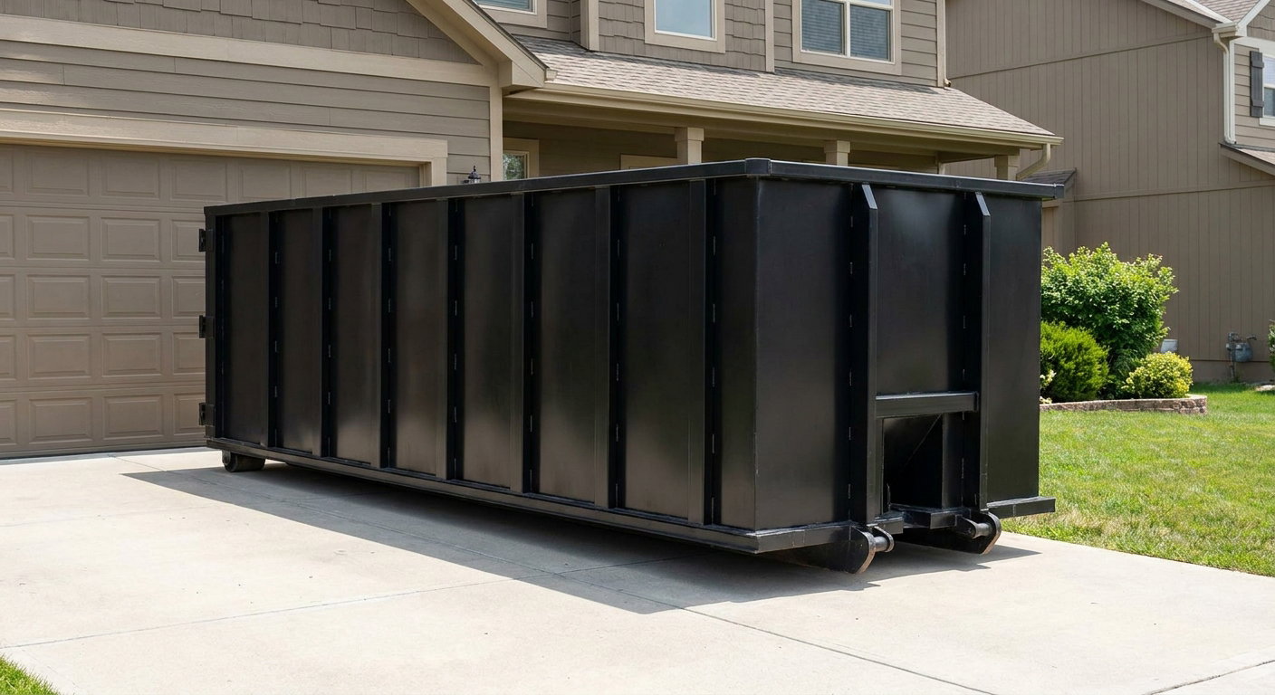 Matte-black residential roll-off dumpster sitting directly on a suburban Wellington concrete driveway, garage door closed, single-family home in background, bright morning daylight.