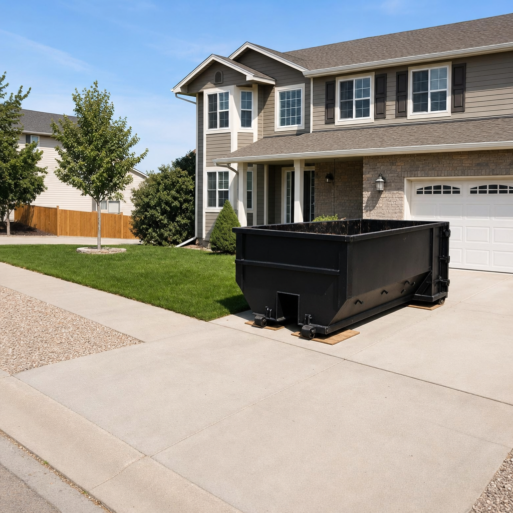 10-yard matte-black residential dumpster placed directly on a narrow Wellington concrete driveway, room remains for a parked sedan beside it, mid-morning natural light