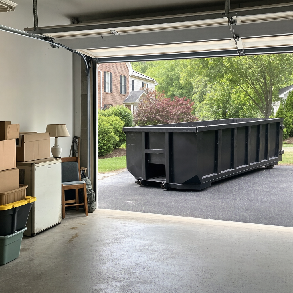 Open garage interior in a Wellington home mid-cleanout — boxed items, an old appliance, and stacked yard tools queued near the driveway for a matte-black roll-off dumpster, organized and calm