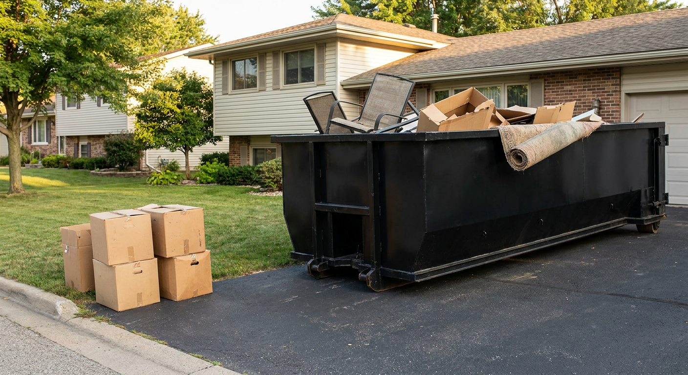 Front-yard view of a Wellington split-level home with a 20-yard matte-black roll-off dumpster sitting directly on the asphalt driveway, a few clearly labeled donation boxes staged at the curb, calm sunny afternoon.