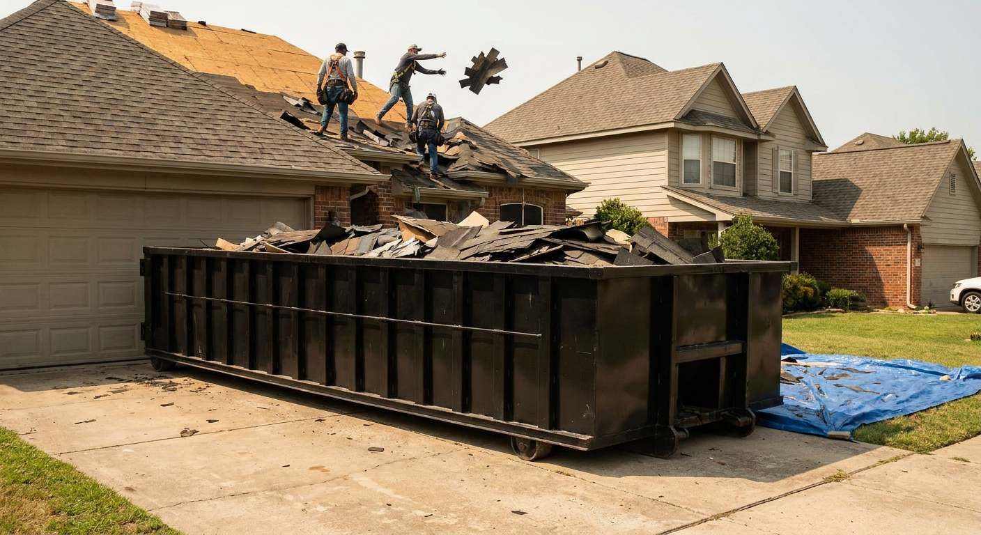 Matte-black roofing roll-off dumpster placed directly on a Wellington residential concrete driveway, a tear-off crew on a two-story asphalt-shingle roof tossing shingle bundles into the low-walled container, bright daylight, documentary 35mm perspective.