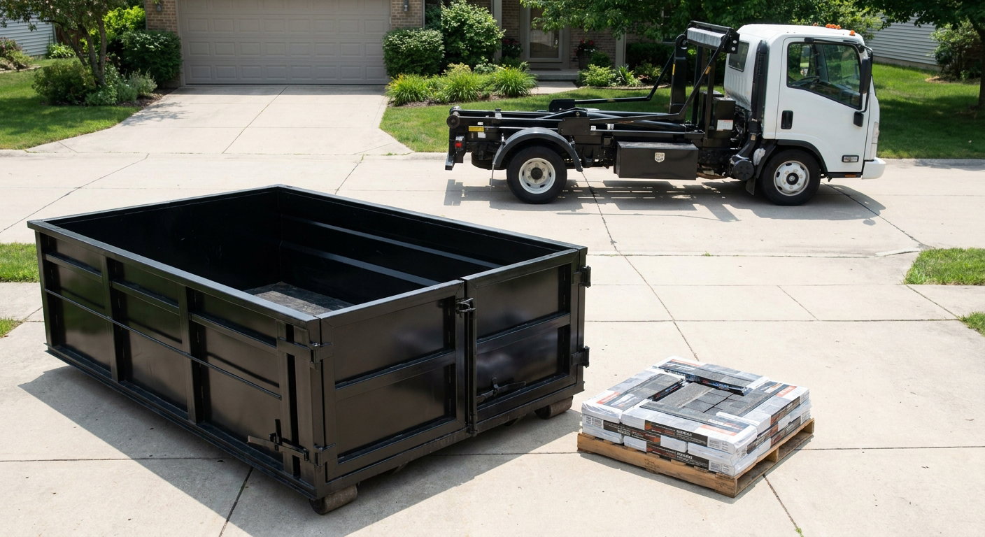 Matte-black 15-yard roofing roll-off dumpster with reinforced low side walls sitting directly on a Wellington residential concrete driveway, three-tab asphalt shingle bundles stacked nearby, an unmarked white hauler truck partially visible at the edge of the frame.