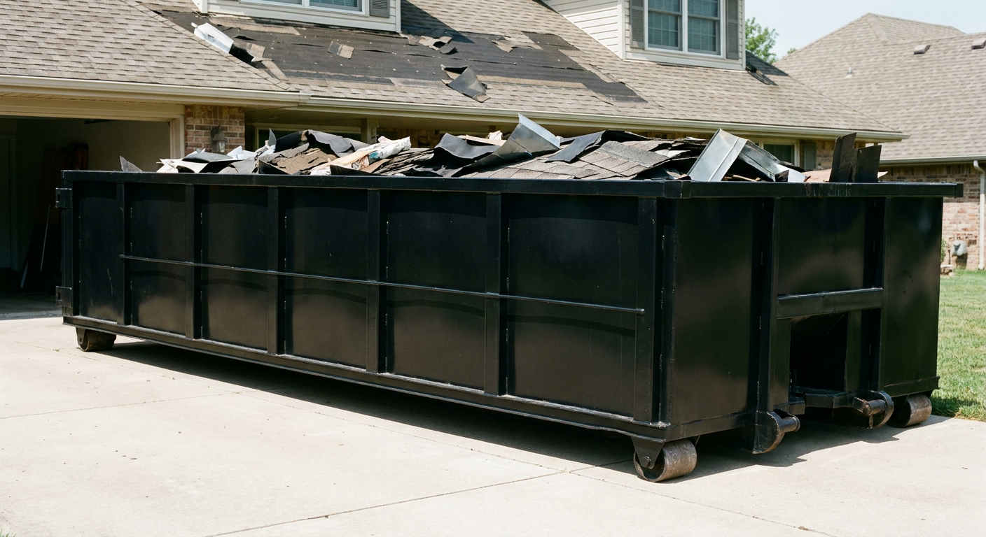 Matte-black 20-yard roofing roll-off dumpster with steel ribbed sides and swinging rear door, sitting directly on the concrete driveway of a two-story Wellington home, asphalt shingle debris being loaded over the low wall, clean documentary lighting.