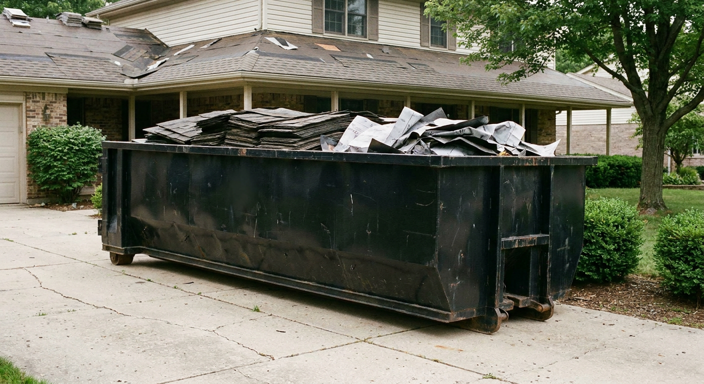 Matte-black 30-yard roofing roll-off dumpster sitting directly on a Wellington concrete driveway, taller ribbed steel side panels, mixed tear-off debris of asphalt shingles and underlayment inside, professional documentary daylight.