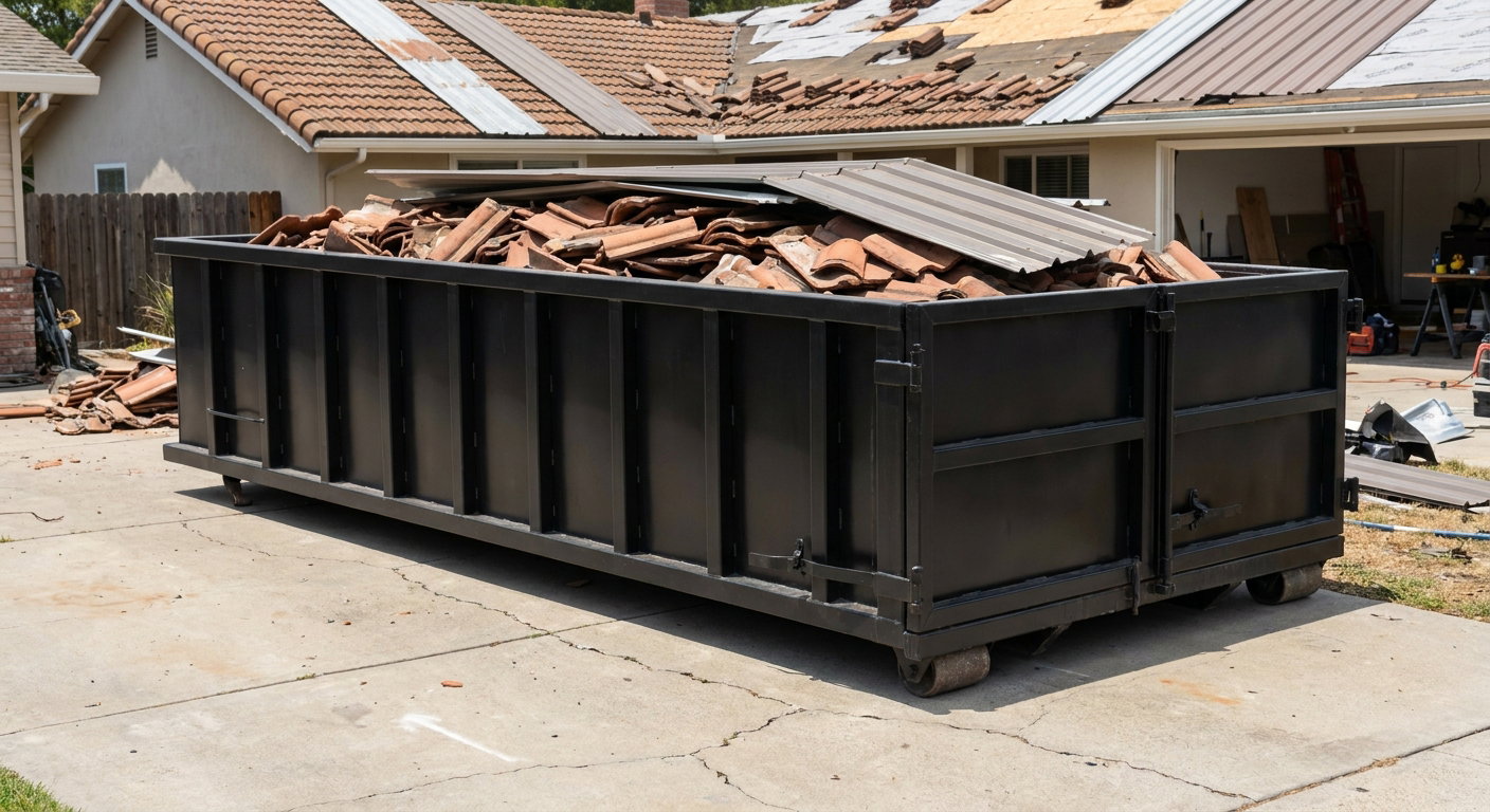 Matte-black low-wall heavy-debris roofing roll-off dumpster sitting directly on a Wellington concrete driveway, broken concrete clay roof tiles and metal panel sections loaded inside, reinforced ribbed steel side walls visible, bright outdoor daylight.