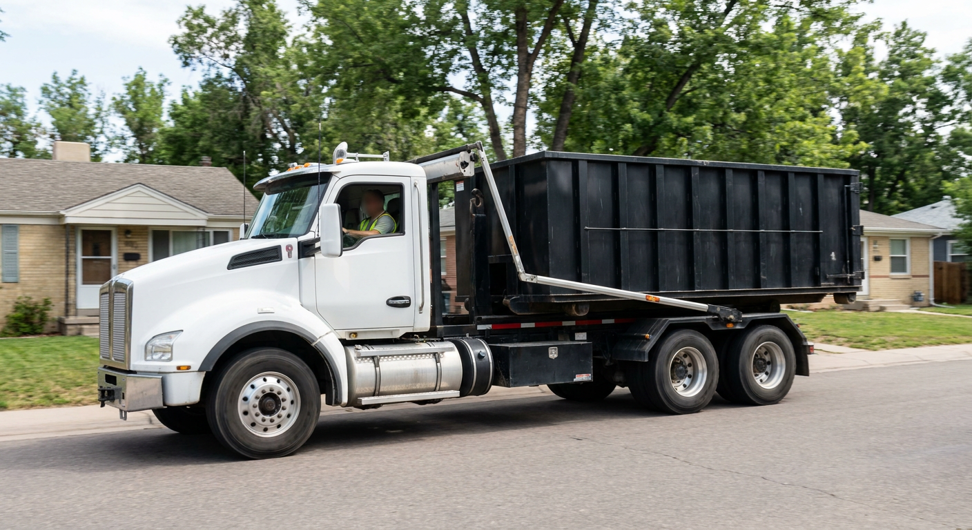 A wide documentary shot of a matte-black roll-off delivery truck pulling onto a quiet Wellington residential street at mid-morning, with neighborhood rooftops and tree-lined blocks visible behind, showing the metro coverage footprint.