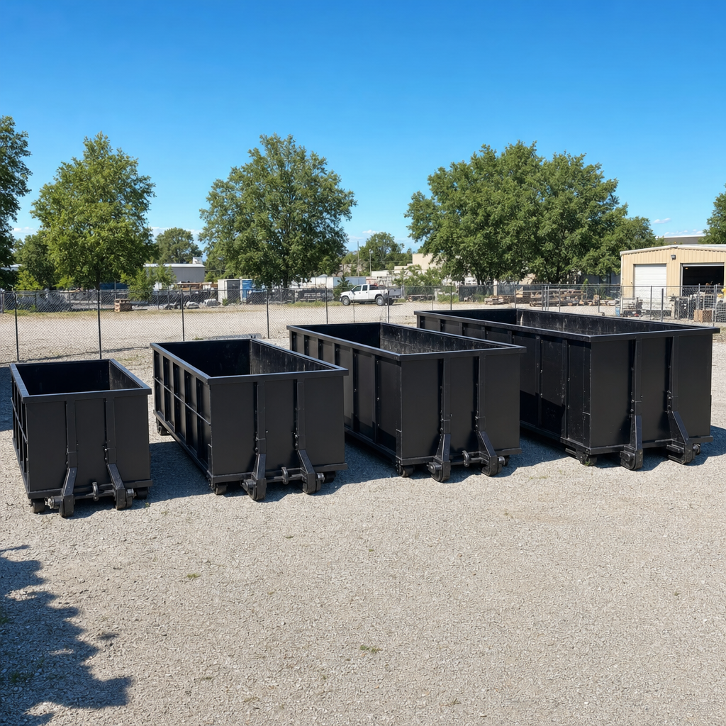 A clean lineup of matte-black roll-off dumpsters in 10, 20, 30, and 40-yard sizes staged on a sunlit gravel yard in Wellington, showing the size progression from compact to commercial-scale containers.