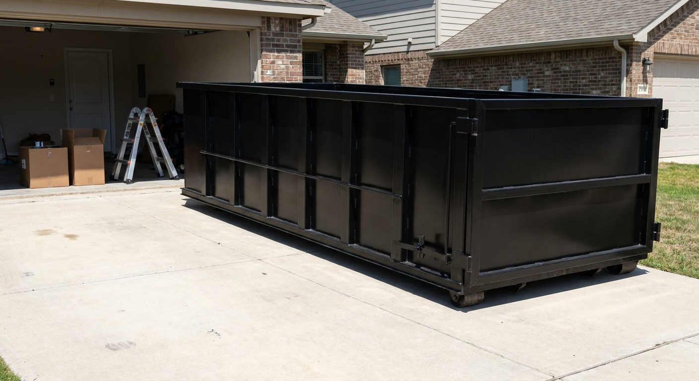A matte-black 10-yard roll-off dumpster sitting directly on a residential Wellington concrete driveway, mid-day sunlight, clean and ready for a garage cleanout.