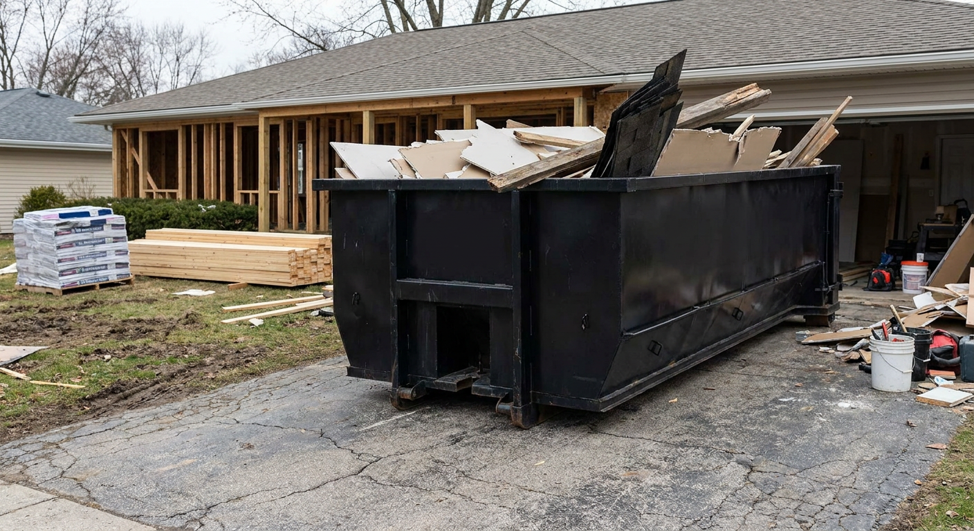 A matte-black 20-yard roll-off dumpster placed alongside a mid-renovation Wellington home directly on the asphalt driveway, with framing materials and torn-off shingles staged neatly nearby.
