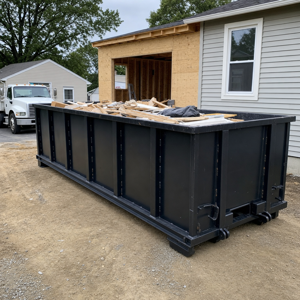 A matte-black 30-yard roll-off dumpster positioned at a Wellington residential addition jobsite, with framing lumber and drywall scraps loaded through the open swinging rear doors.