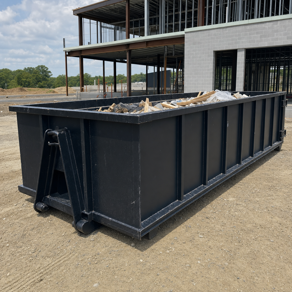 A matte-black 40-yard roll-off dumpster staged on a large Wellington commercial construction lot, with a hooklift delivery truck parked alongside under bright midday sky.