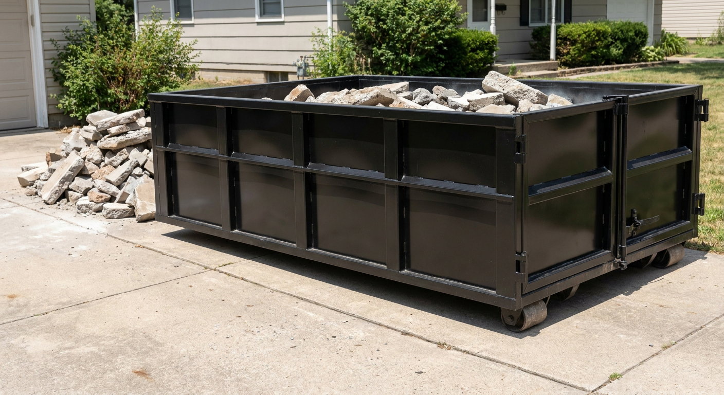 A matte-black low-side heavy-debris roll-off dumpster placed directly on a Wellington concrete driveway, with broken concrete chunks neatly stacked beside it under clean daylight.